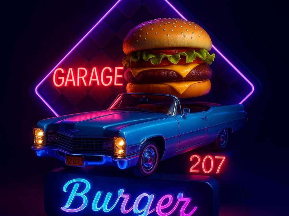 O letreiro neon da Garage 207 Burger com o carro